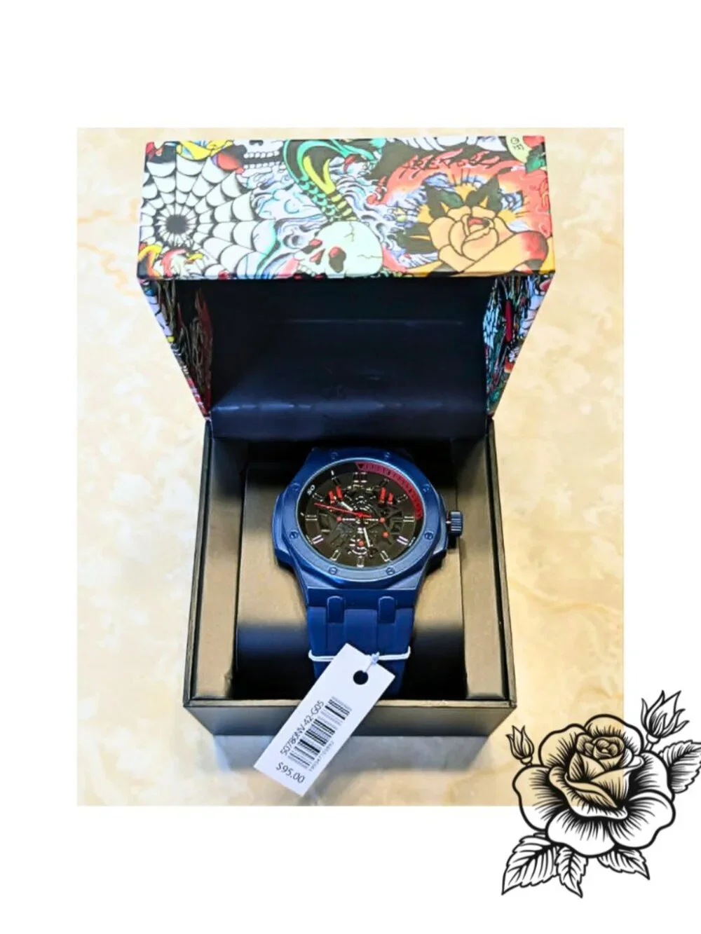 NWT Ed Hardy Mens Blue Cyberpunk Mechanical Dial Wristwatch Streetwear Techwear